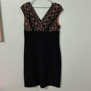 Adrianna Papell Figure Slimming Bodycon Dress 14 Black Lace Over Nude